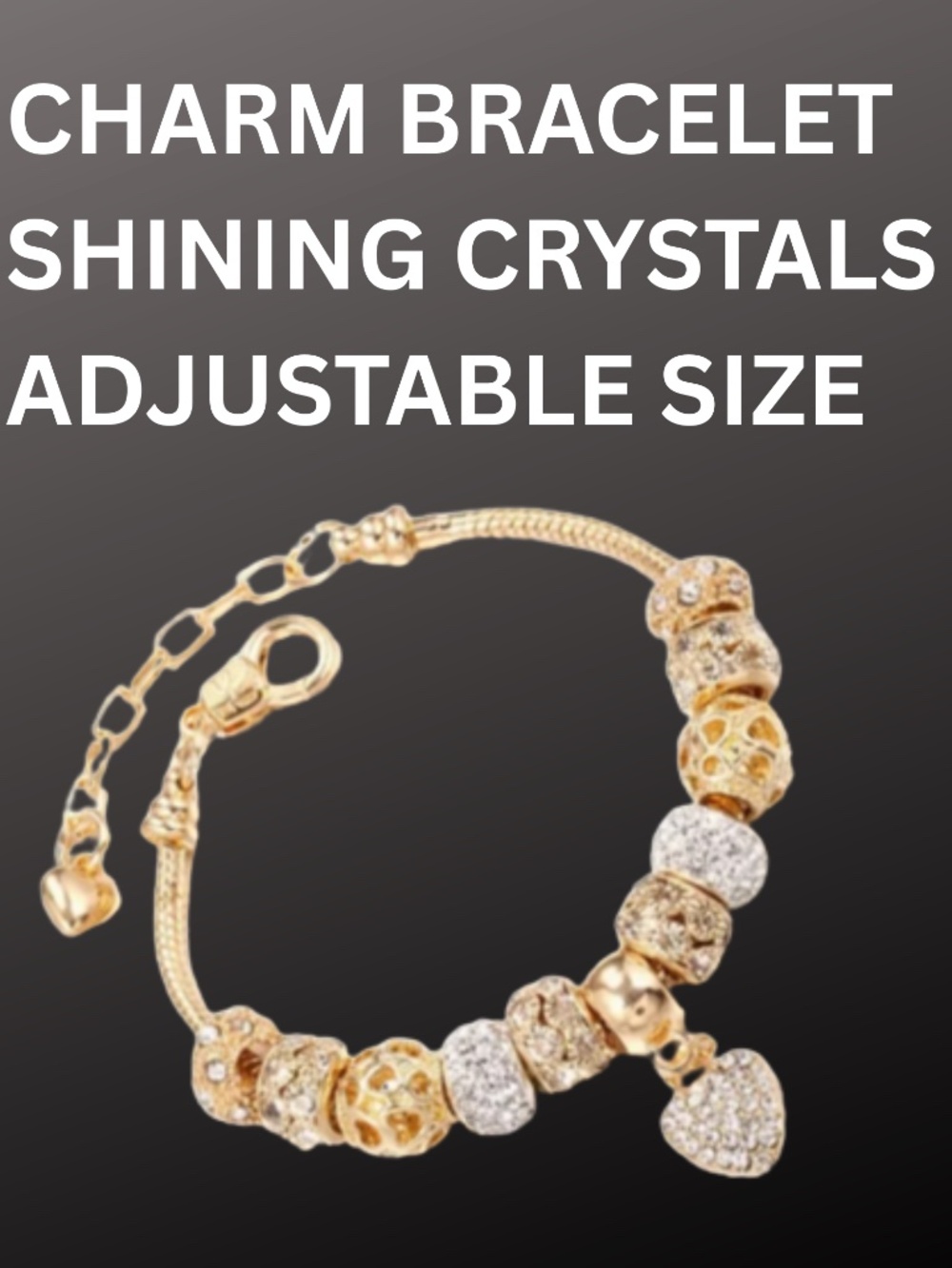 Charm Bracelet Heart - Crystal  & Gold Color Beads - Dangling Crystal Heart -NWT